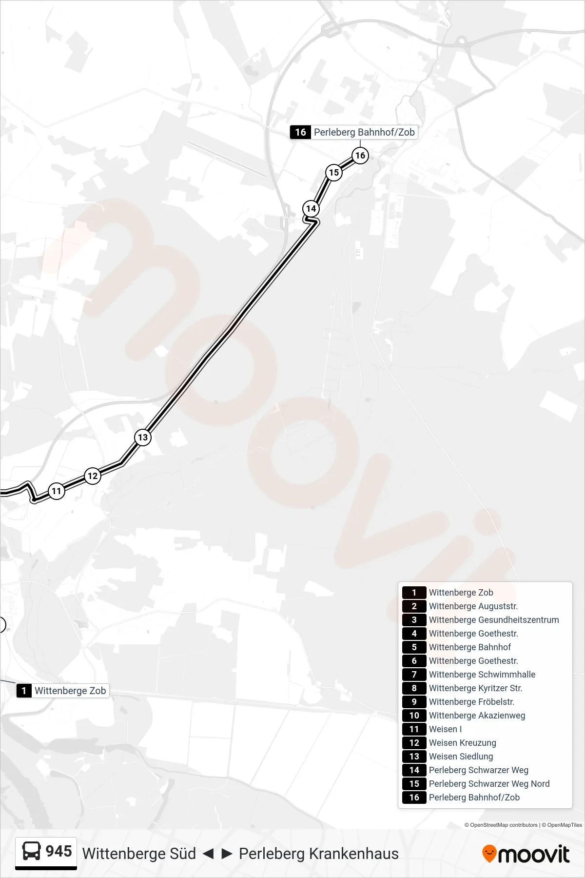 Linie 945 (Bus) Richtung Perleberg Bahnhof/Zob: Route und Haltestellen auf der Karte
