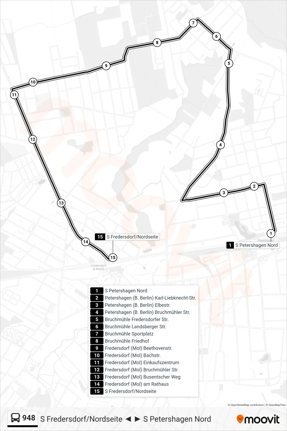 Linie 948 (Bus) Richtung S Fredersdorf/Nordseite: Route und Haltestellen auf der Karte