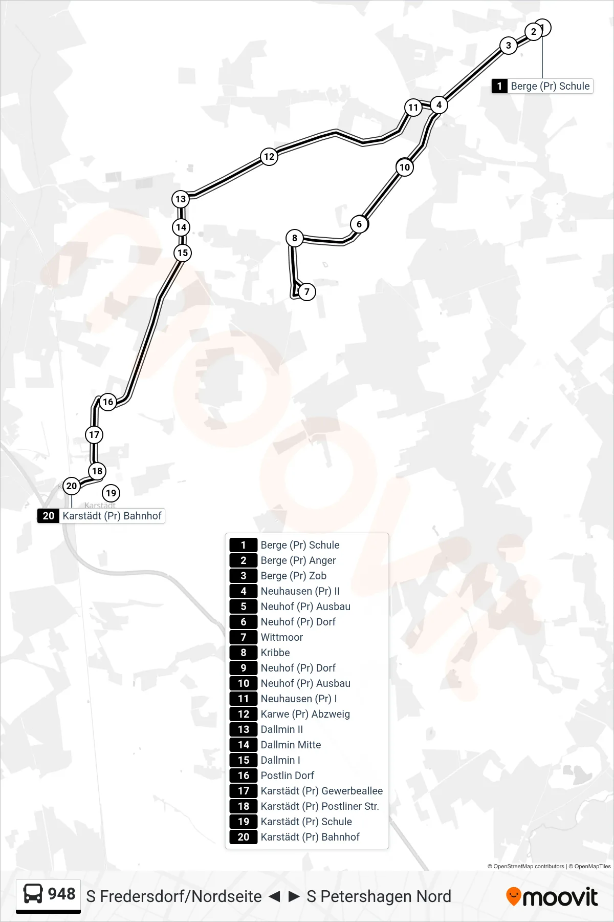 948 bus Line (Karstädt (Pr) Bahnhof) route and stops on a map