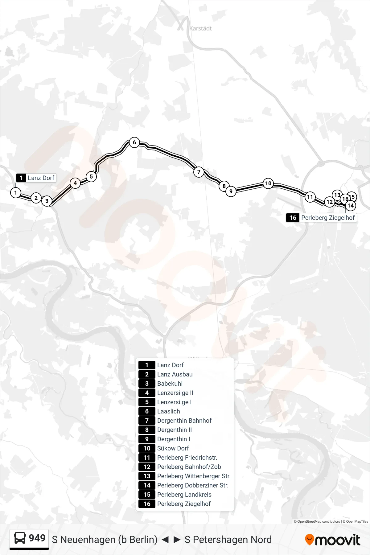 Linie 949 (Bus) Richtung Perleberg Ziegelhof: Route und Haltestellen auf der Karte