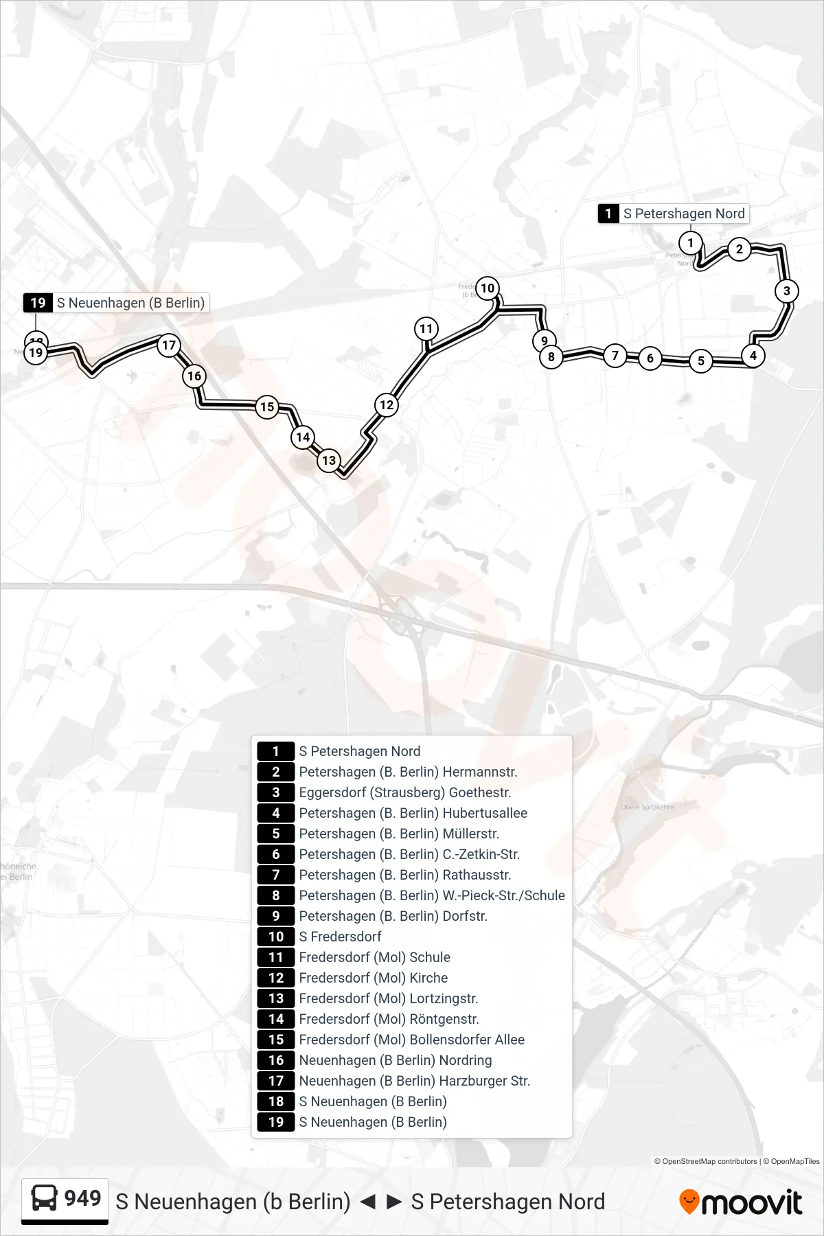 Linie 949 (Bus) Richtung S Neuenhagen (B Berlin): Route und Haltestellen auf der Karte