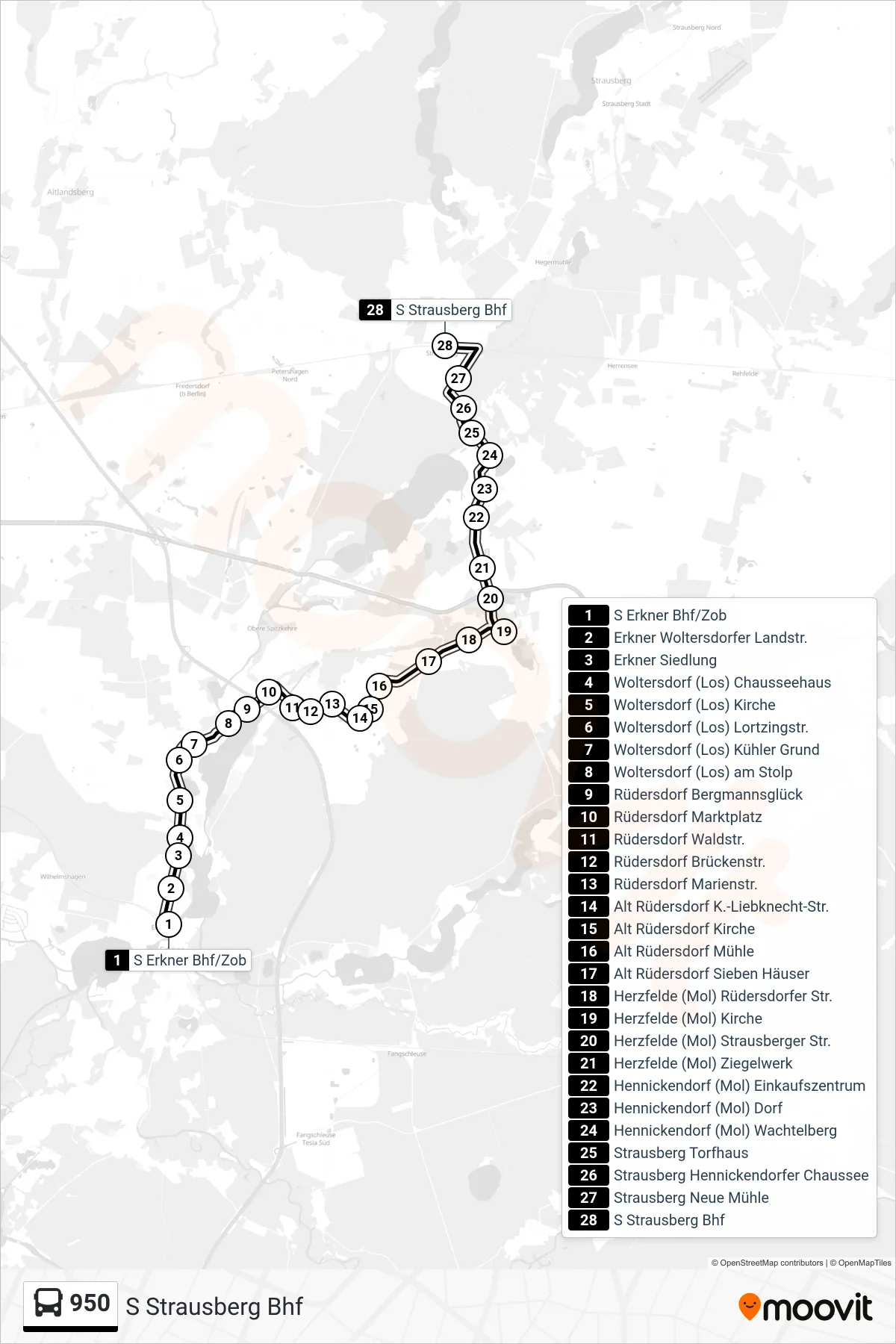 Linie 950 (Bus) Richtung S Strausberg Bhf: Route und Haltestellen auf der Karte