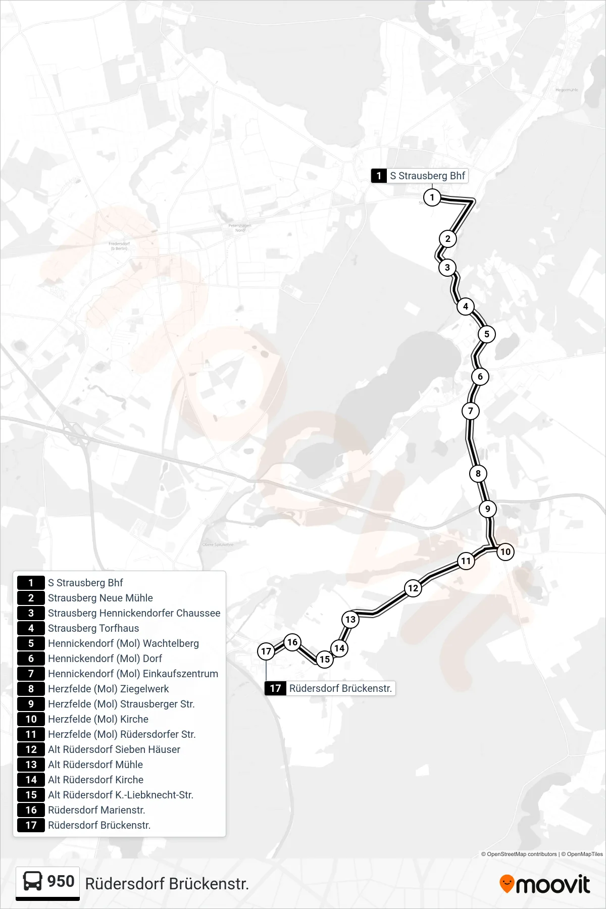Linie 950 (Bus) Richtung Rüdersdorf Brückenstr.: Route und Haltestellen auf der Karte