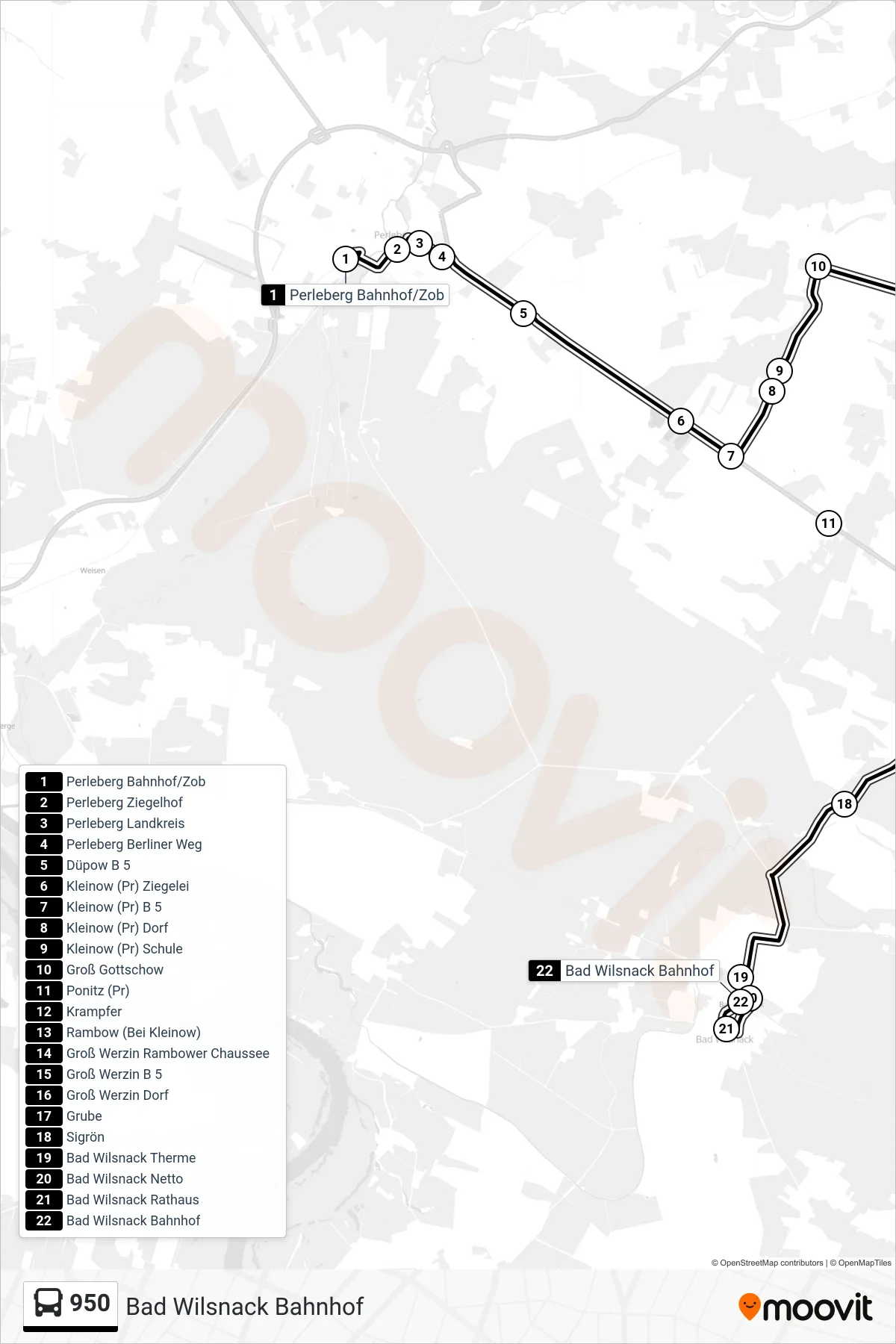 Linie 950 (Bus) Richtung Bad Wilsnack Bahnhof: Route und Haltestellen auf der Karte