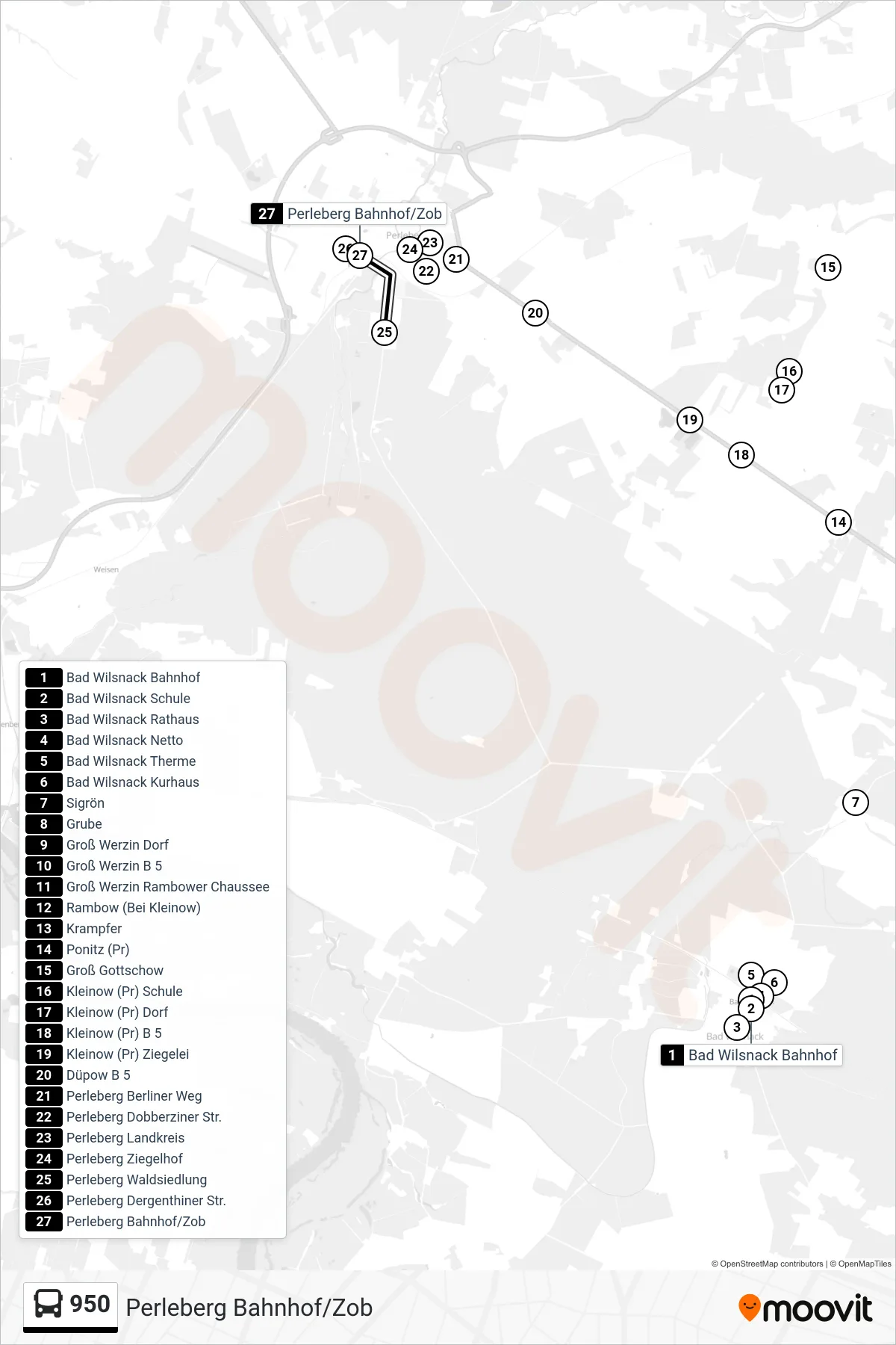 Linie 950 (Bus) Richtung Perleberg Bahnhof/Zob: Route und Haltestellen auf der Karte