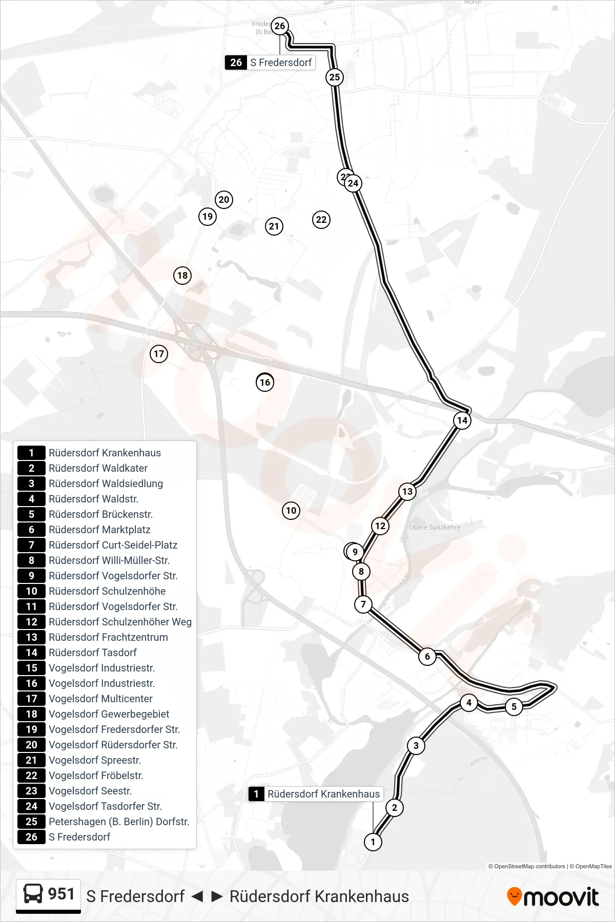 Linie 951 (Bus) Richtung S Fredersdorf: Route und Haltestellen auf der Karte
