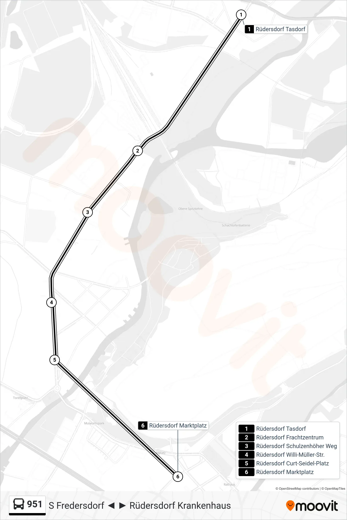 951 bus Line (Rüdersdorf Marktplatz) route and stops on a map