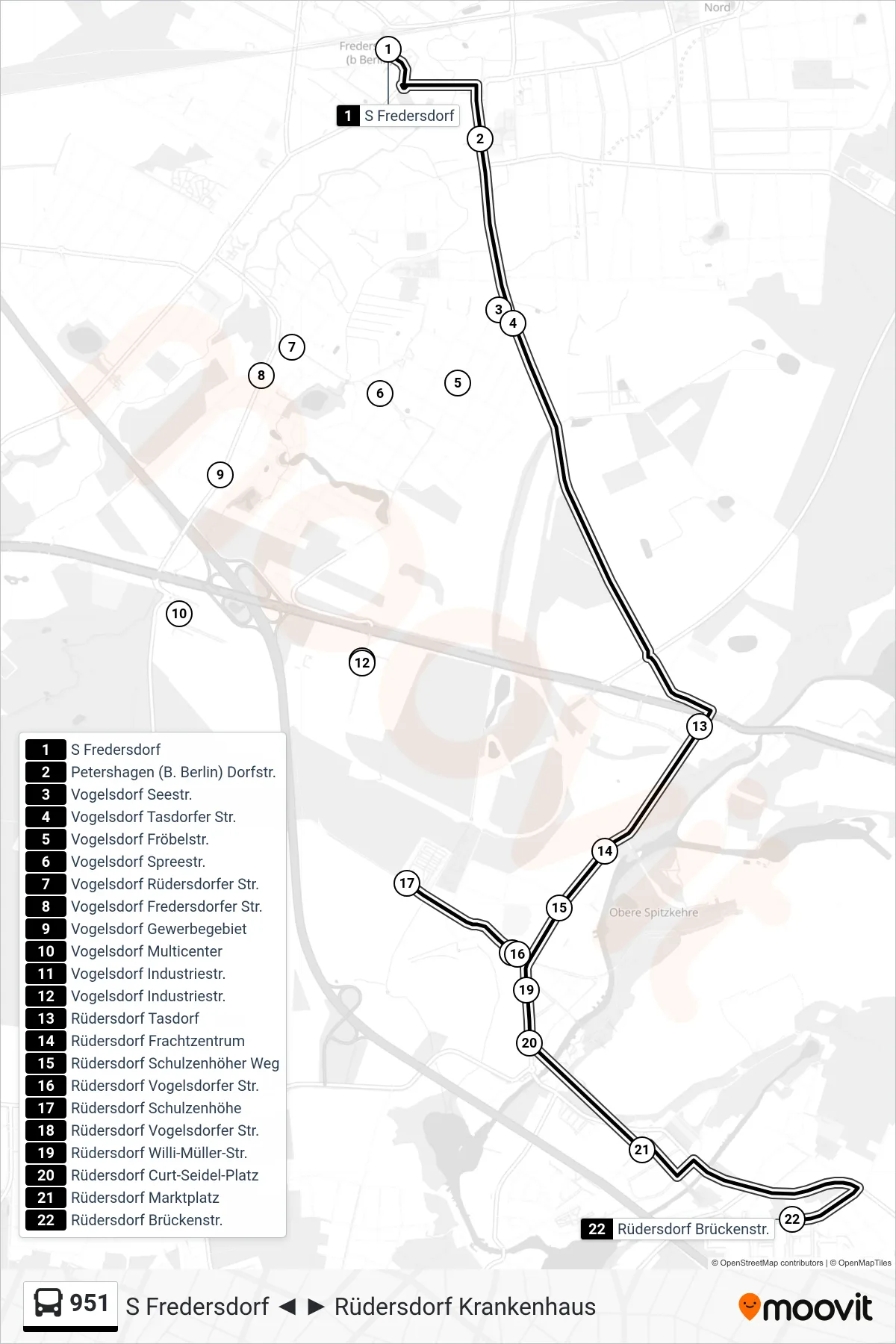 951 bus Line (Rüdersdorf Brückenstr.) route and stops on a map