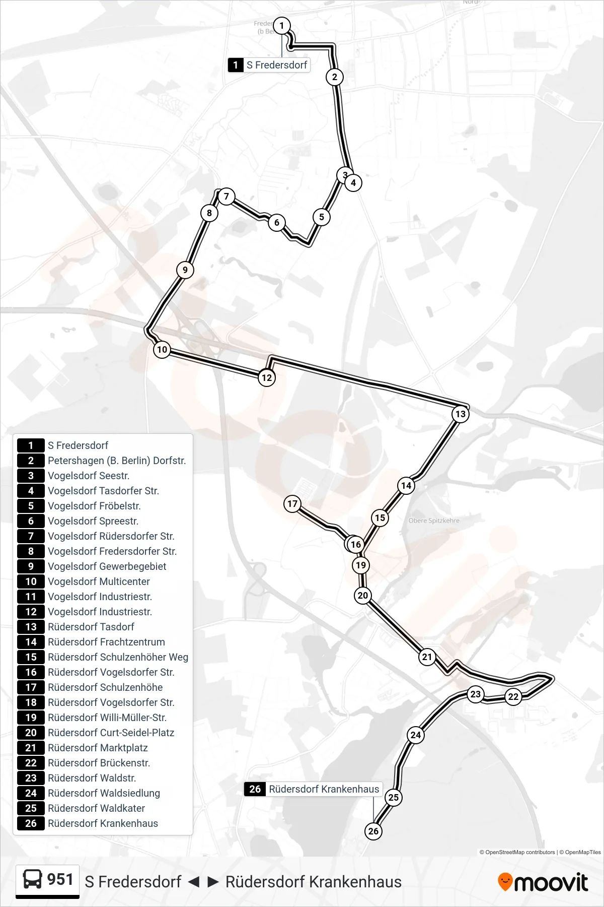951 bus Line (Rüdersdorf Krankenhaus) route and stops on a map
