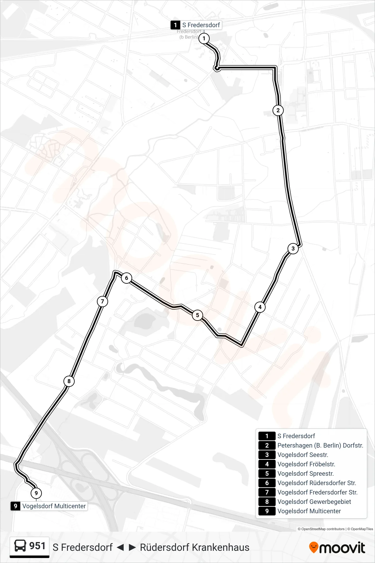 Linie 951 (Bus) Richtung Vogelsdorf Multicenter: Route und Haltestellen auf der Karte
