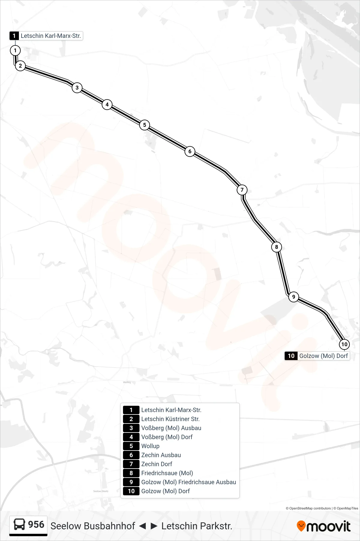 Linie 956 (Bus) Richtung Golzow (Mol) Dorf: Route und Haltestellen auf der Karte