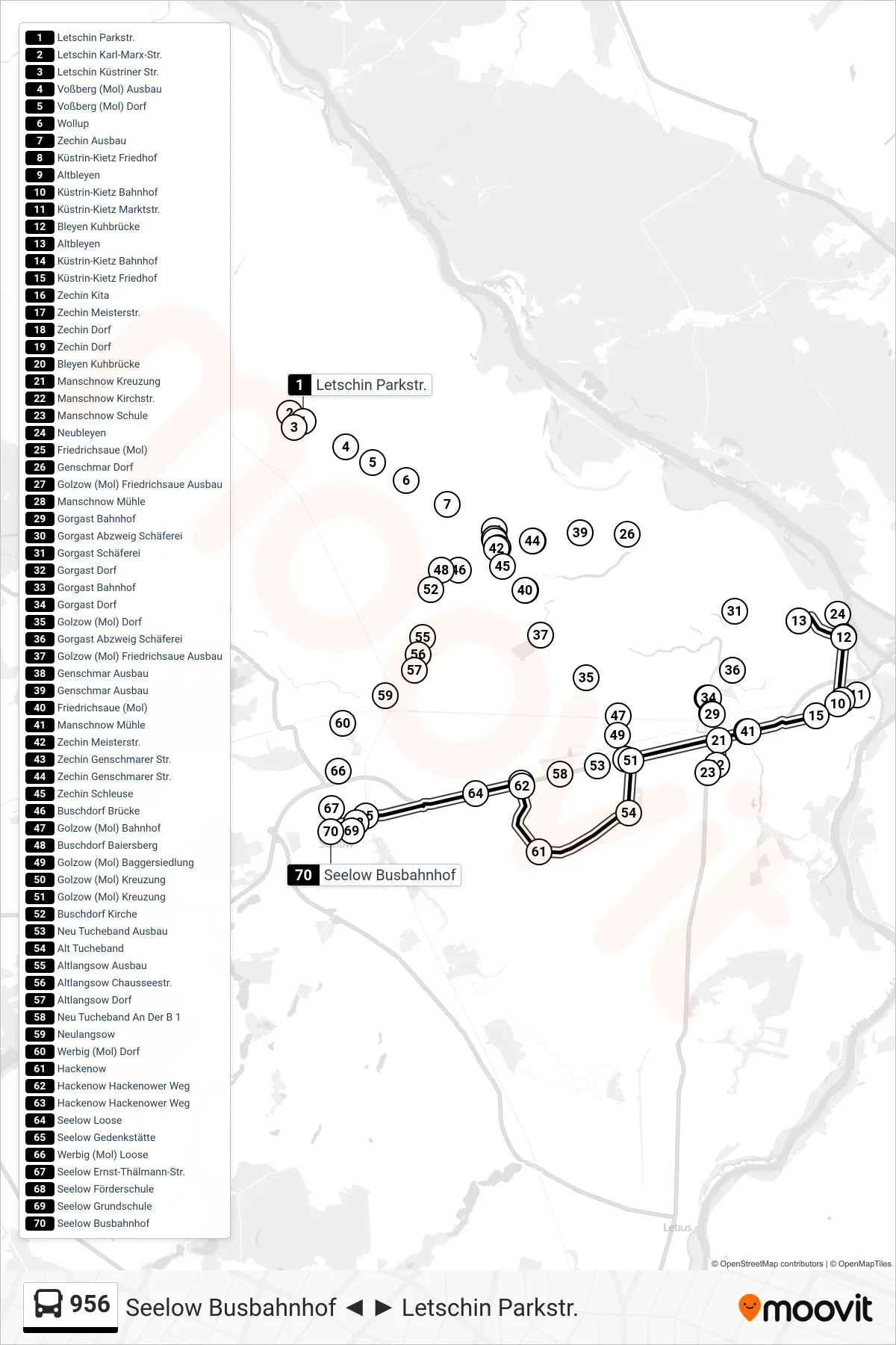 Linie 956 (Bus) Richtung Seelow Busbahnhof: Route und Haltestellen auf der Karte