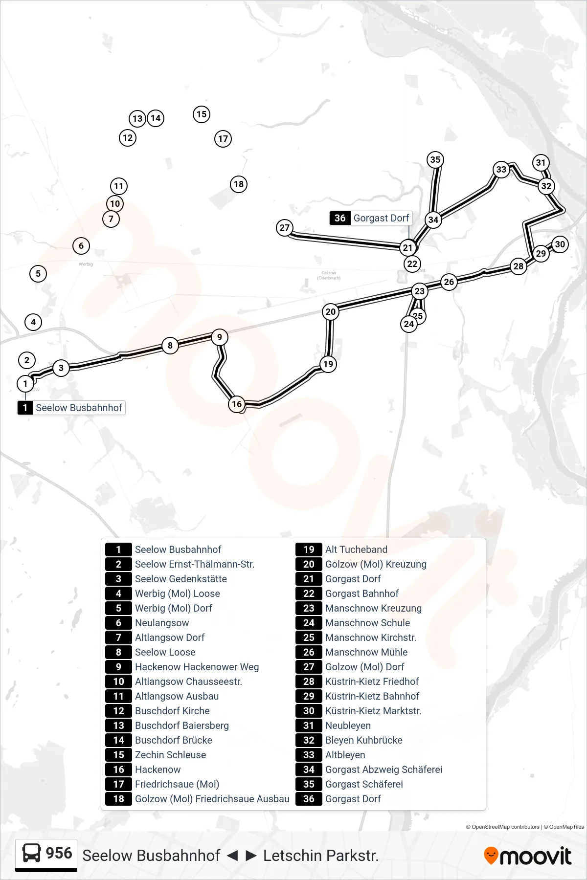 Linie 956 (Bus) Richtung Golzow (Mol) Dorf: Route und Haltestellen auf der Karte
