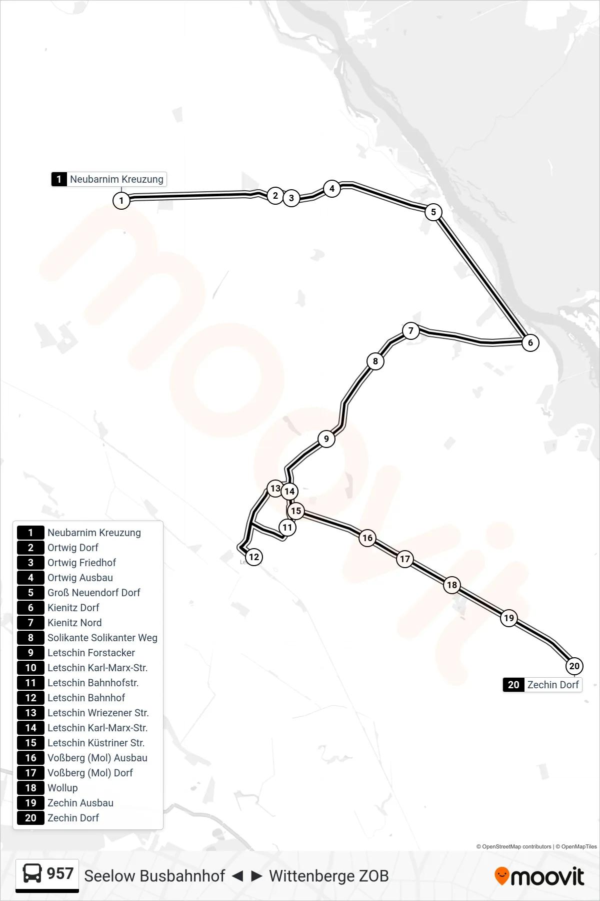 957 bus Line (Zechin Dorf) route and stops on a map