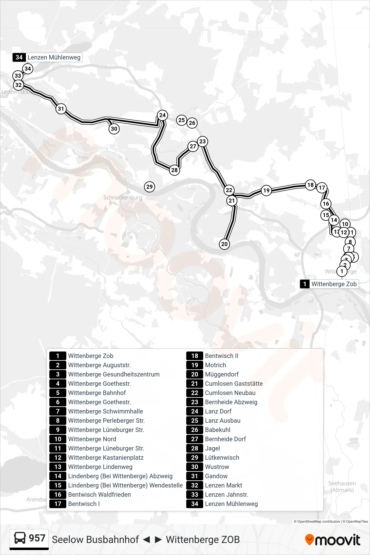 Linie 957 (Bus) Richtung Lenzen Mühlenweg: Route und Haltestellen auf der Karte