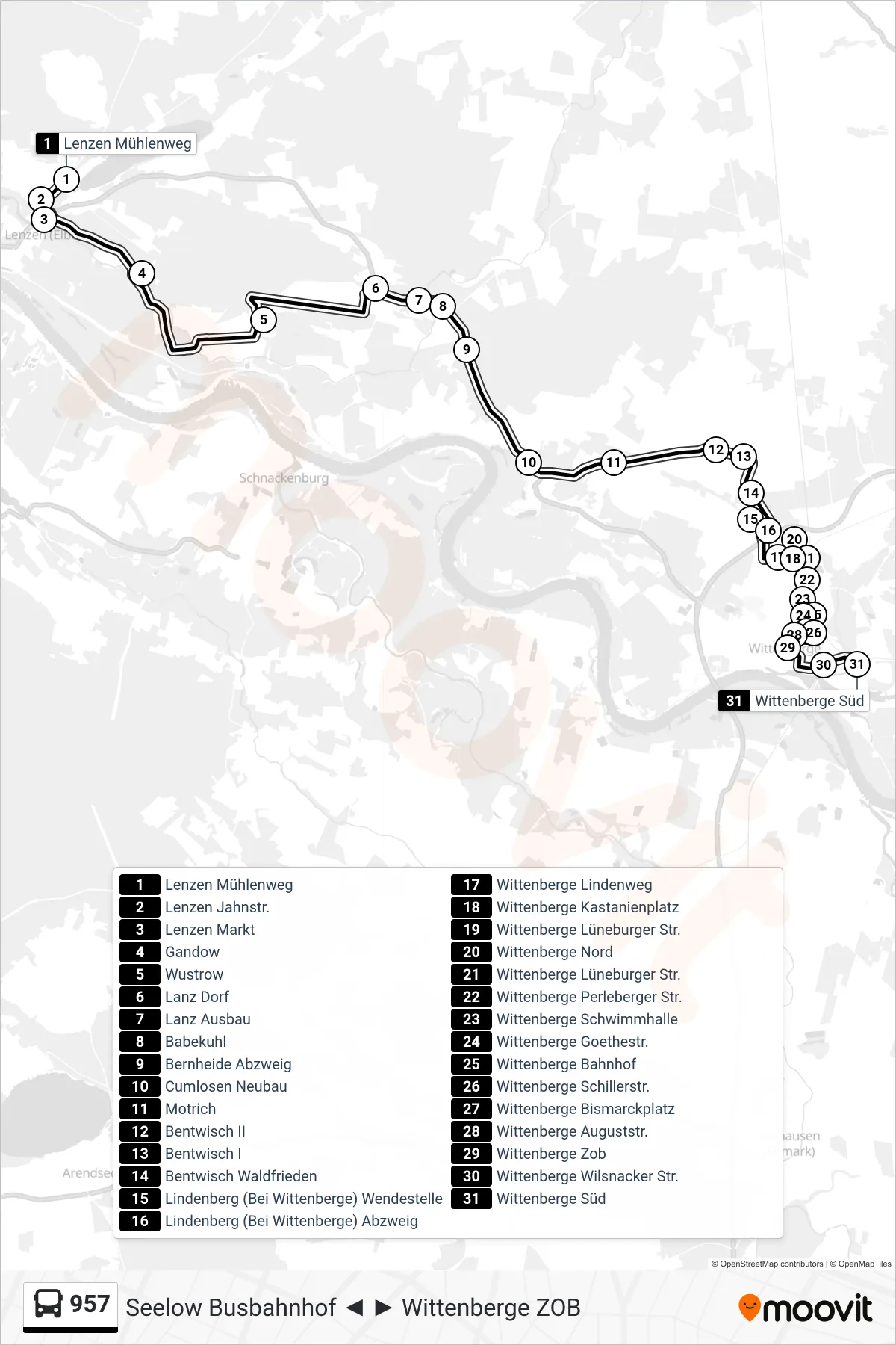 Linie 957 (Bus) Richtung Wittenberge Süd: Route und Haltestellen auf der Karte