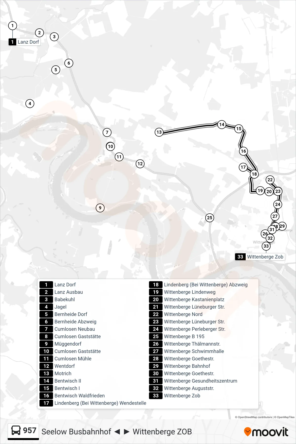 Linie 957 (Bus) Richtung Wittenberge Zob: Route und Haltestellen auf der Karte