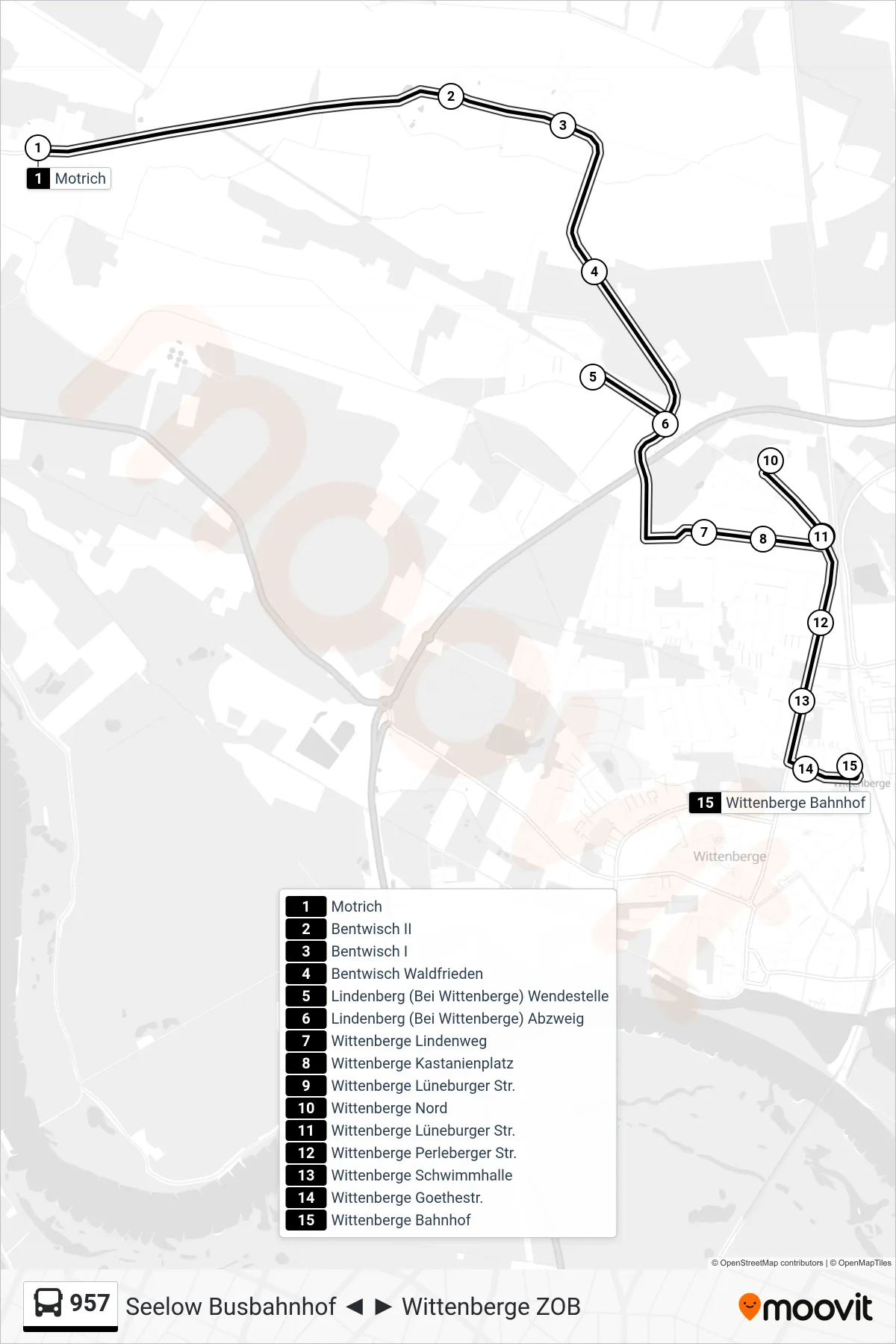 Linie 957 (Bus) Richtung Wittenberge Bahnhof: Route und Haltestellen auf der Karte