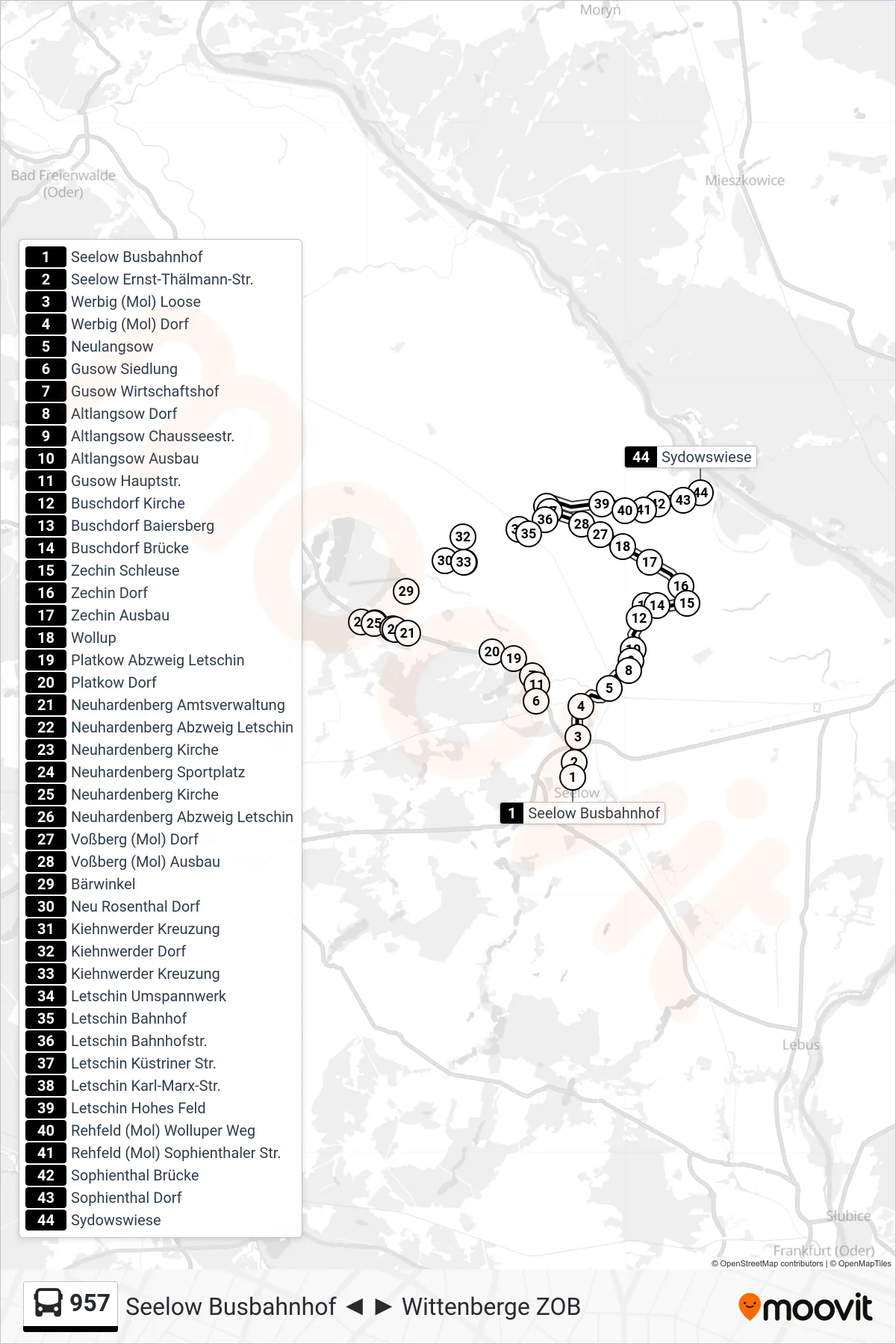 Linie 957 (Bus) Richtung Sydowswiese: Route und Haltestellen auf der Karte