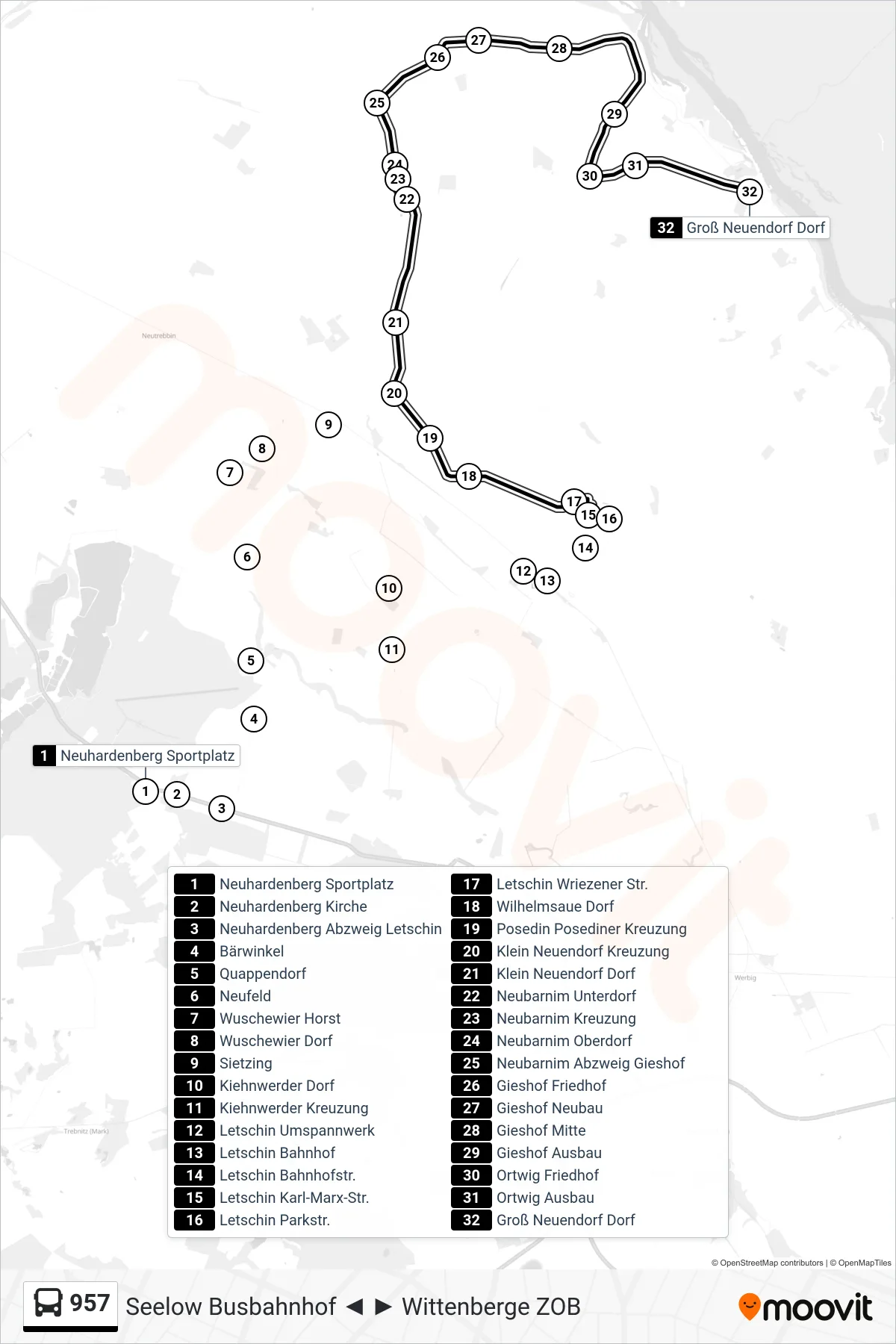 Linie 957 (Bus) Richtung Groß Neuendorf Dorf: Route und Haltestellen auf der Karte
