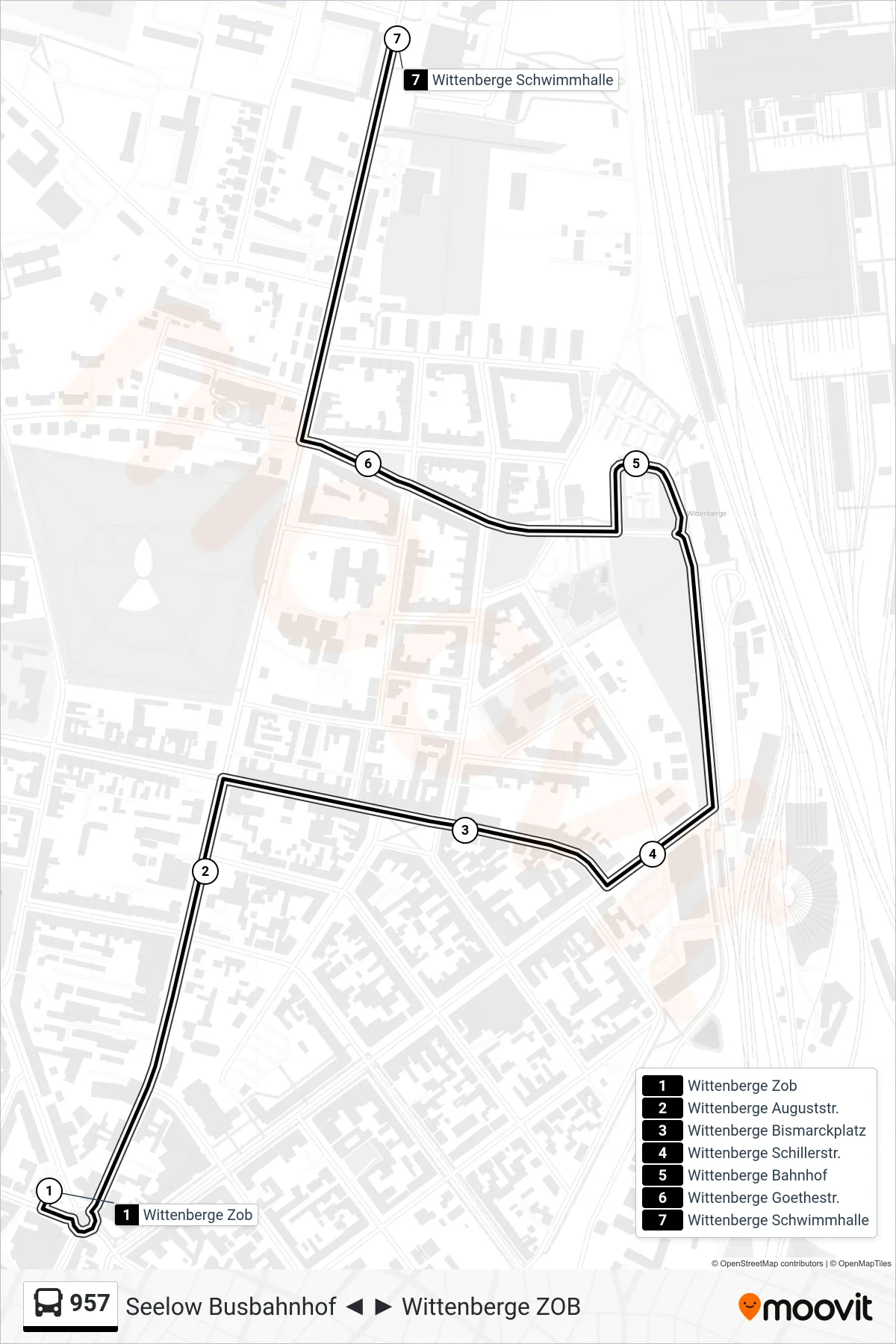 Linie 957 (Bus) Richtung Wittenberge Schwimmhalle: Route und Haltestellen auf der Karte