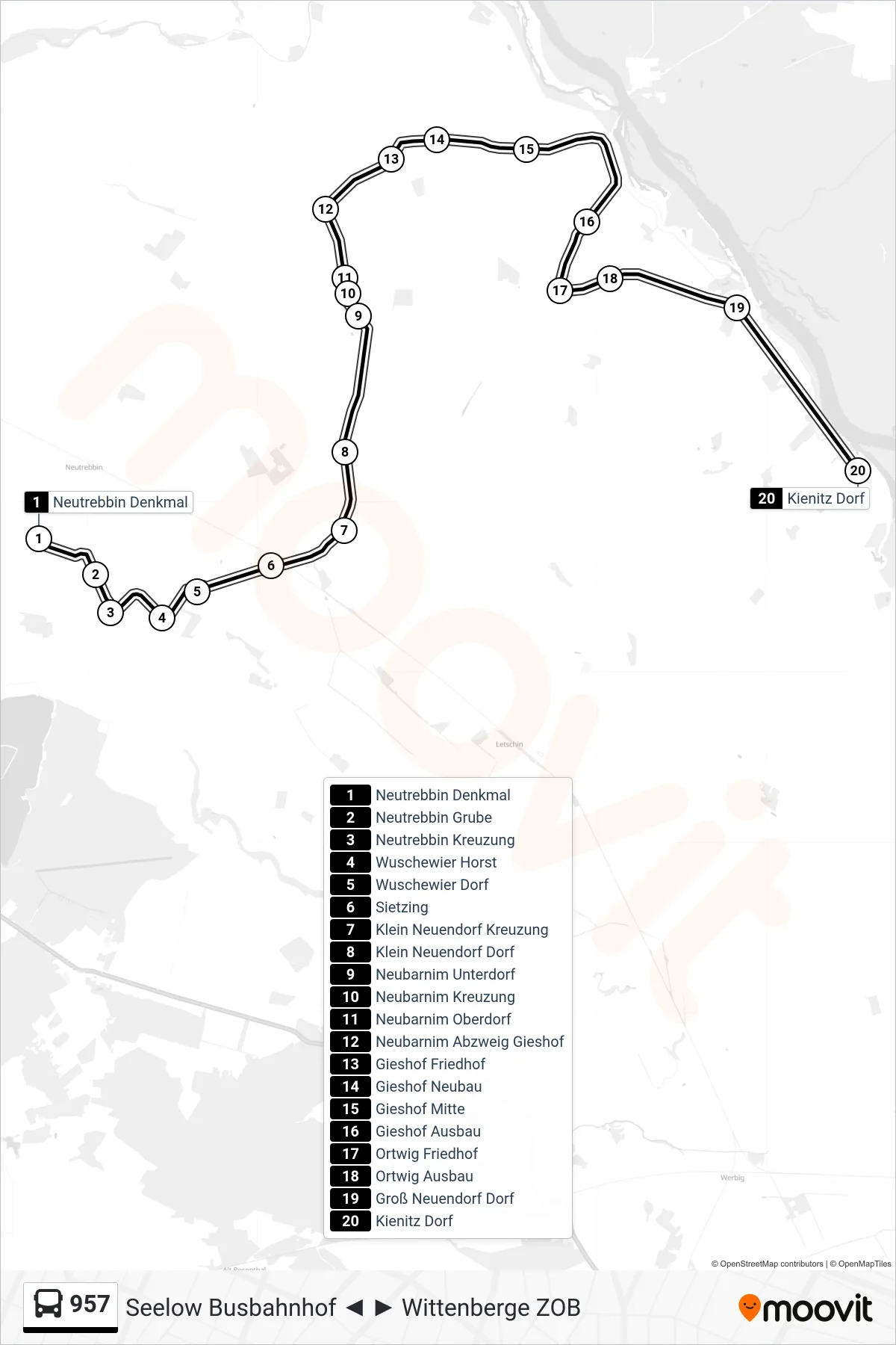 Linie 957 (Bus) Richtung Kienitz Dorf: Route und Haltestellen auf der Karte