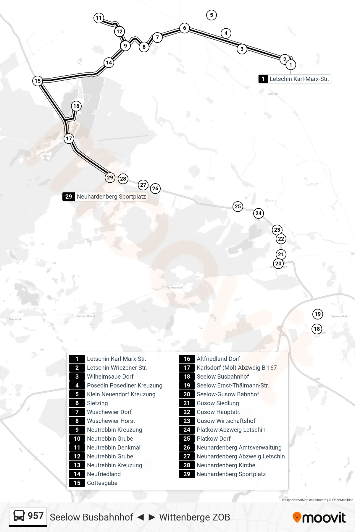 Linie 957 (Bus) Richtung Neuhardenberg Sportplatz: Route und Haltestellen auf der Karte