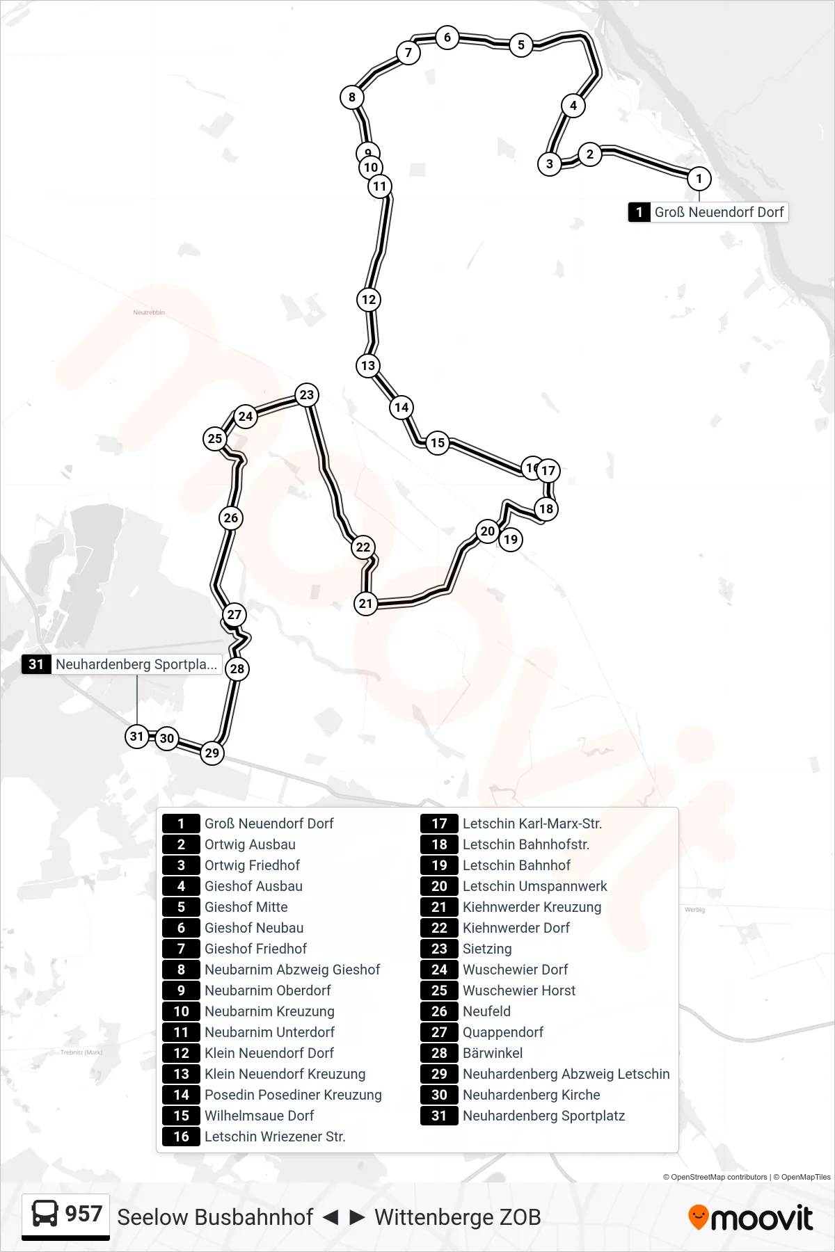 957 bus Line (Neuhardenberg Sportplatz) route and stops on a map