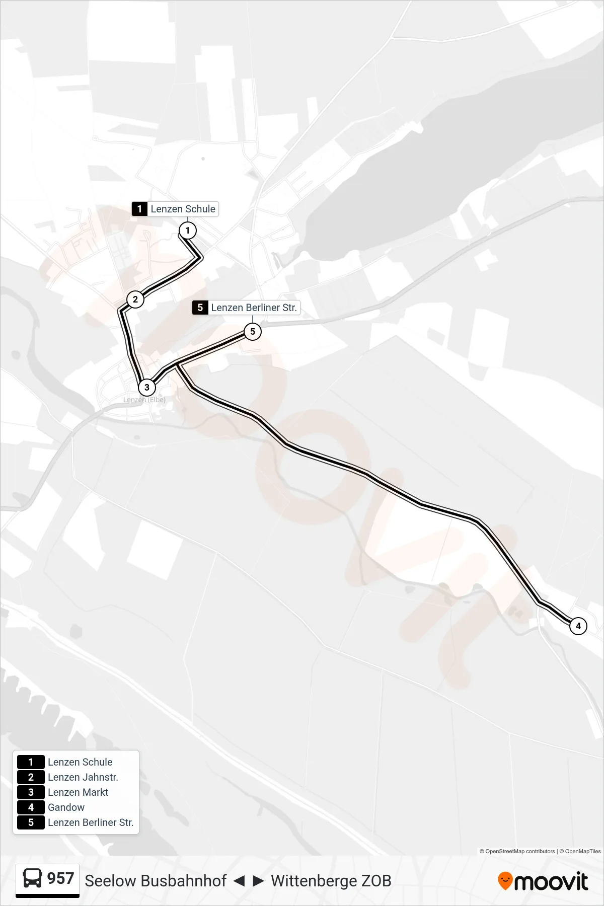 Linie 957 (Bus) Richtung Lenzen Berliner Str.: Route und Haltestellen auf der Karte
