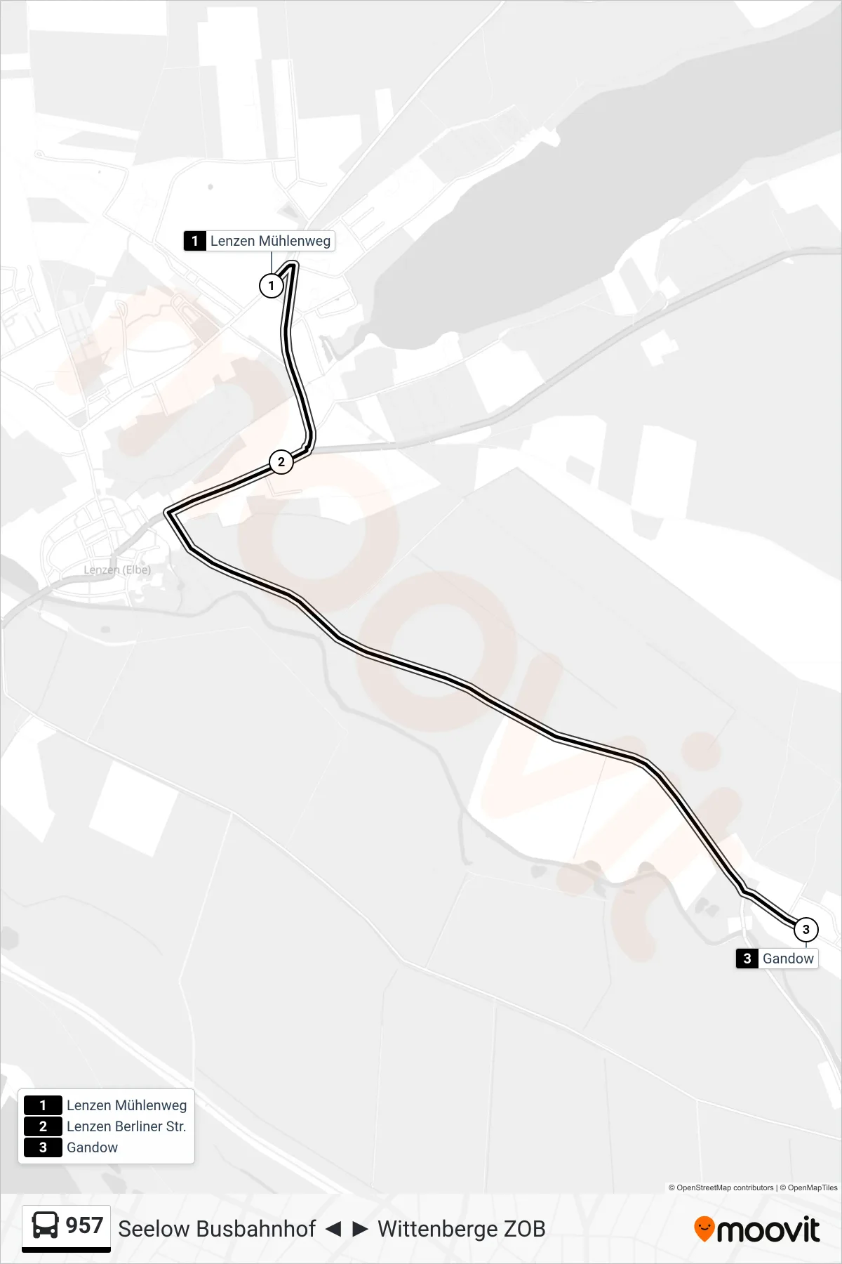 Linie 957 (Bus) Richtung Gandow: Route und Haltestellen auf der Karte