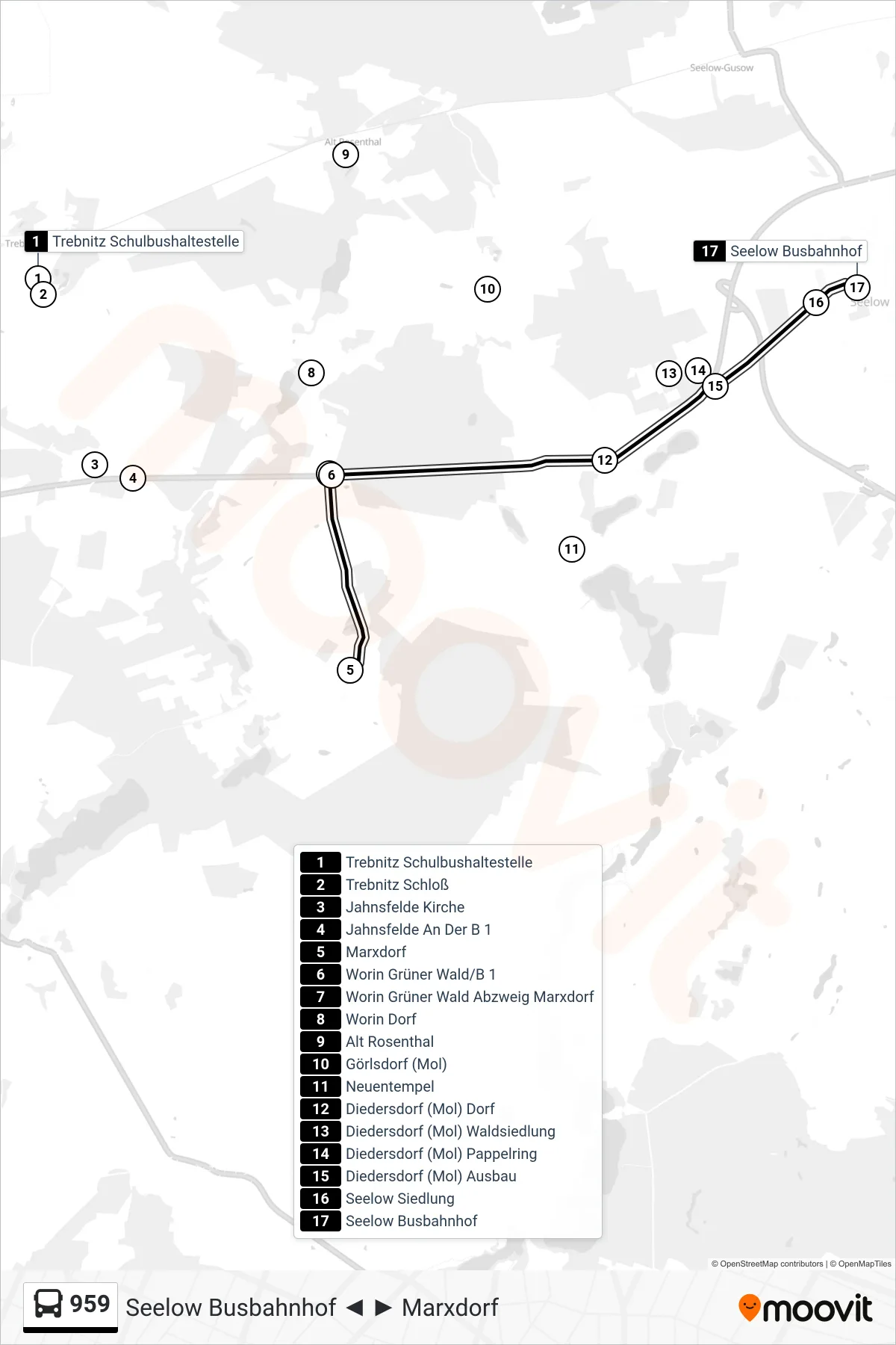 Linie 959 (Bus) Richtung Seelow Busbahnhof: Route und Haltestellen auf der Karte