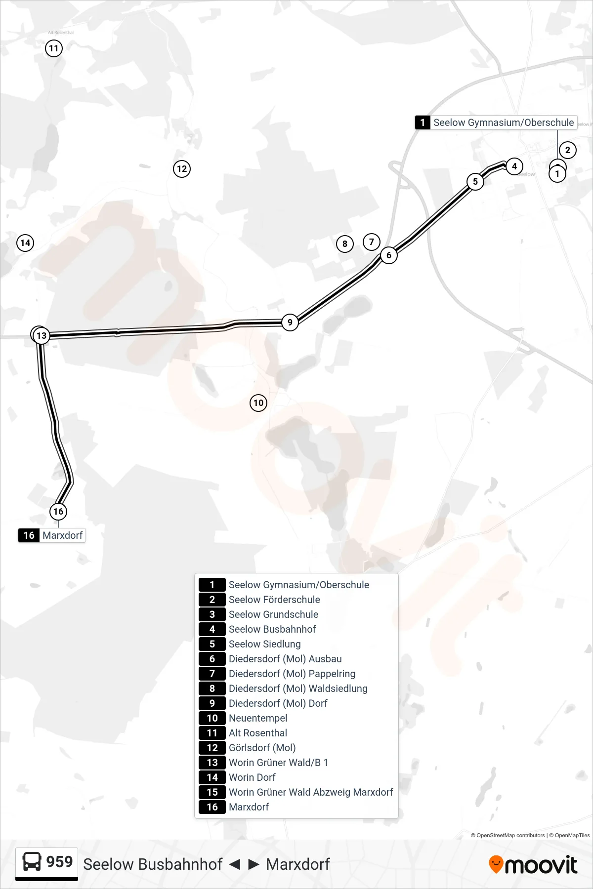 Linie 959 (Bus) Richtung Marxdorf: Route und Haltestellen auf der Karte