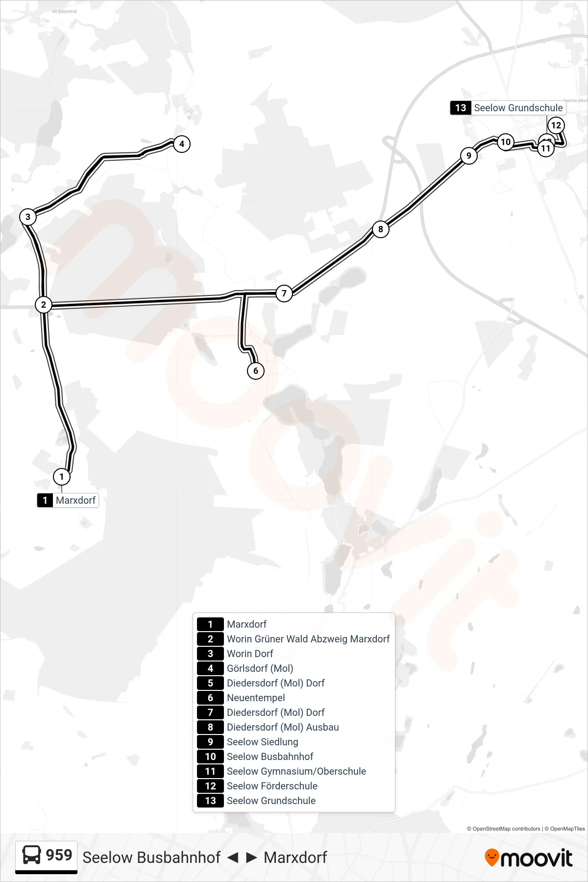 959 bus Line (Seelow Grundschule) route and stops on a map