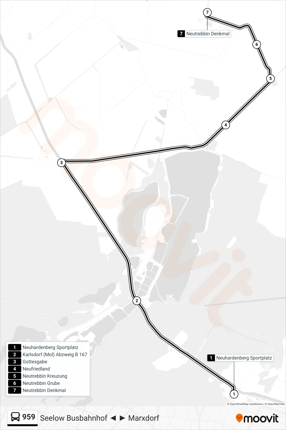 Linie 959 (Bus) Richtung Neutrebbin Denkmal: Route und Haltestellen auf der Karte