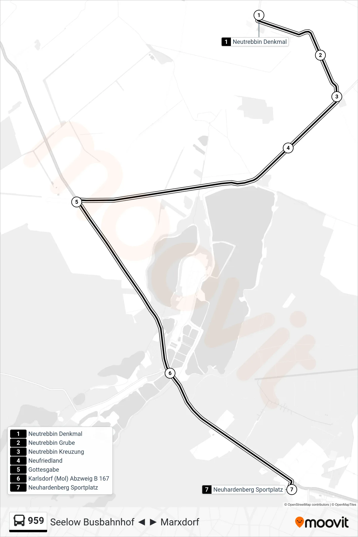 Linie 959 (Bus) Richtung Neuhardenberg Sportplatz: Route und Haltestellen auf der Karte