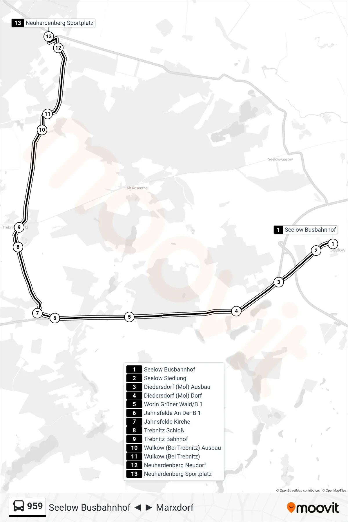 Linie 959 (Bus) Richtung Neuhardenberg Sportplatz: Route und Haltestellen auf der Karte