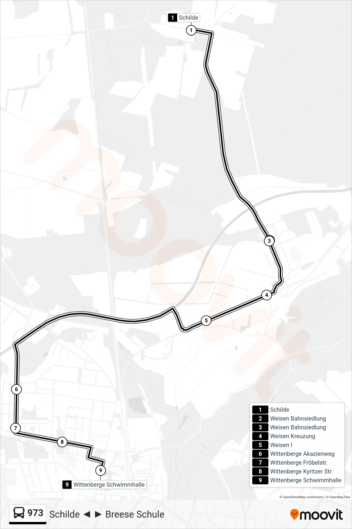 Linie 973 (Bus) Richtung Wittenberge Schwimmhalle: Route und Haltestellen auf der Karte