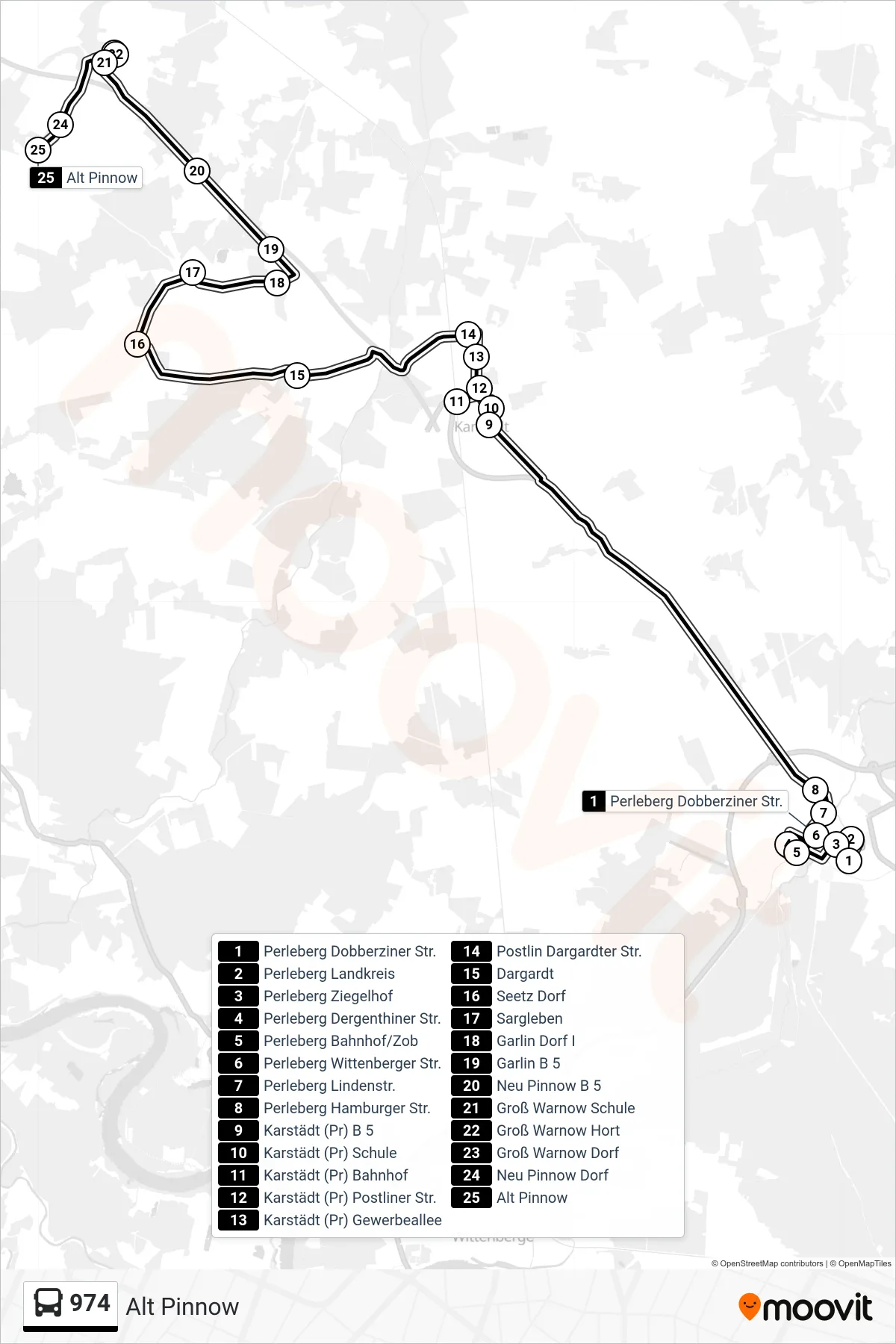 Linie 974 (Bus) Richtung Alt Pinnow: Route und Haltestellen auf der Karte