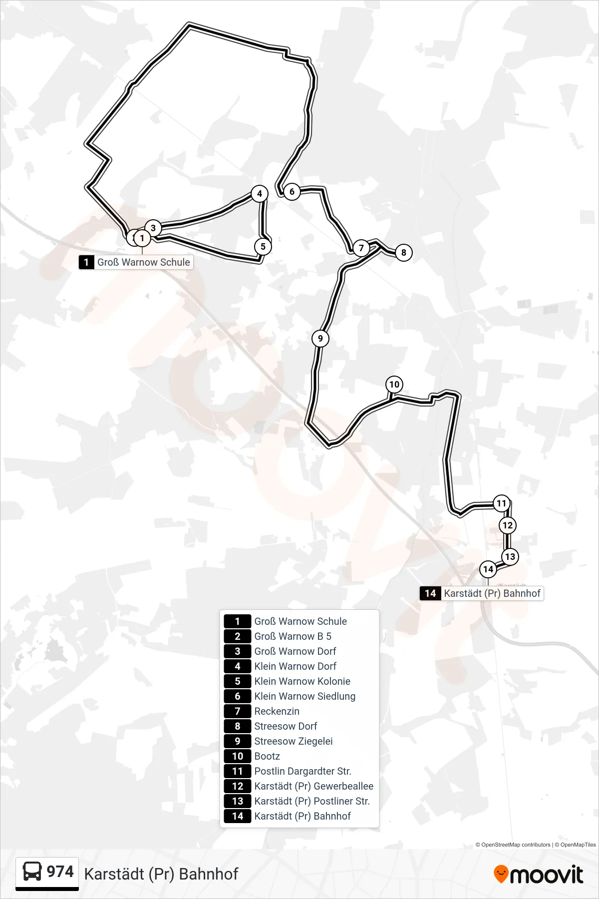 Linie 974 (Bus) Richtung Karstädt (Pr) Bahnhof: Route und Haltestellen auf der Karte