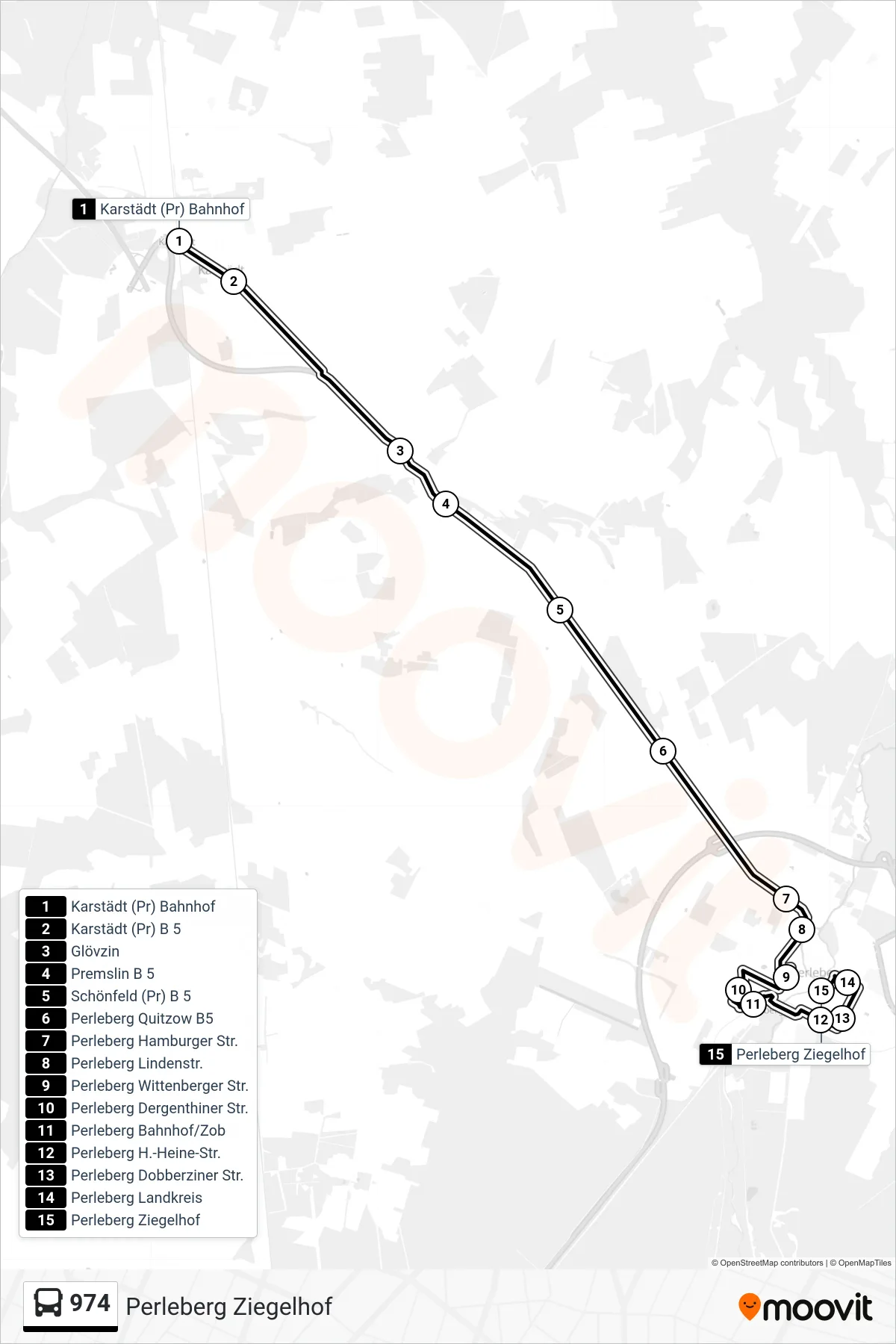Linie 974 (Bus) Richtung Perleberg Ziegelhof: Route und Haltestellen auf der Karte