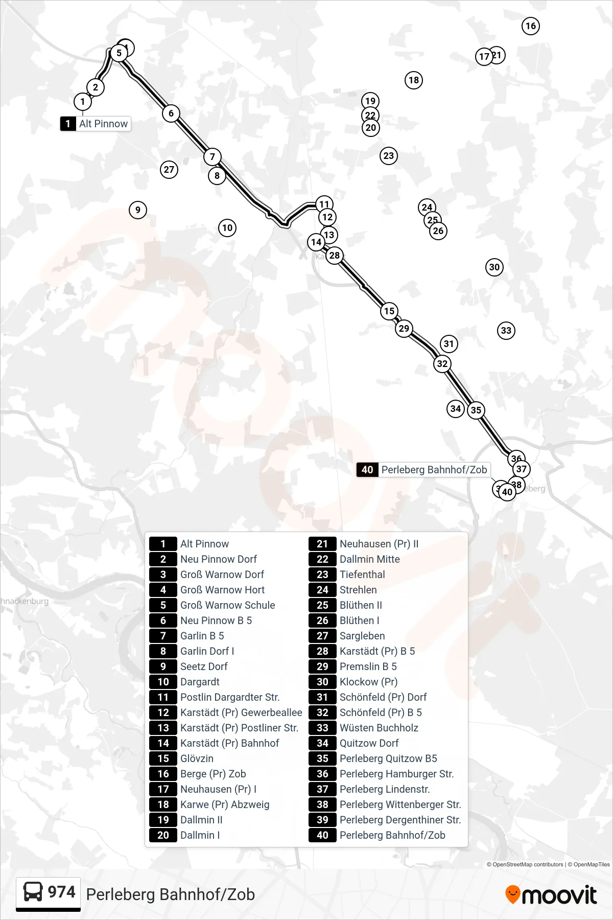 Linie 974 (Bus) Richtung Perleberg Bahnhof/Zob: Route und Haltestellen auf der Karte