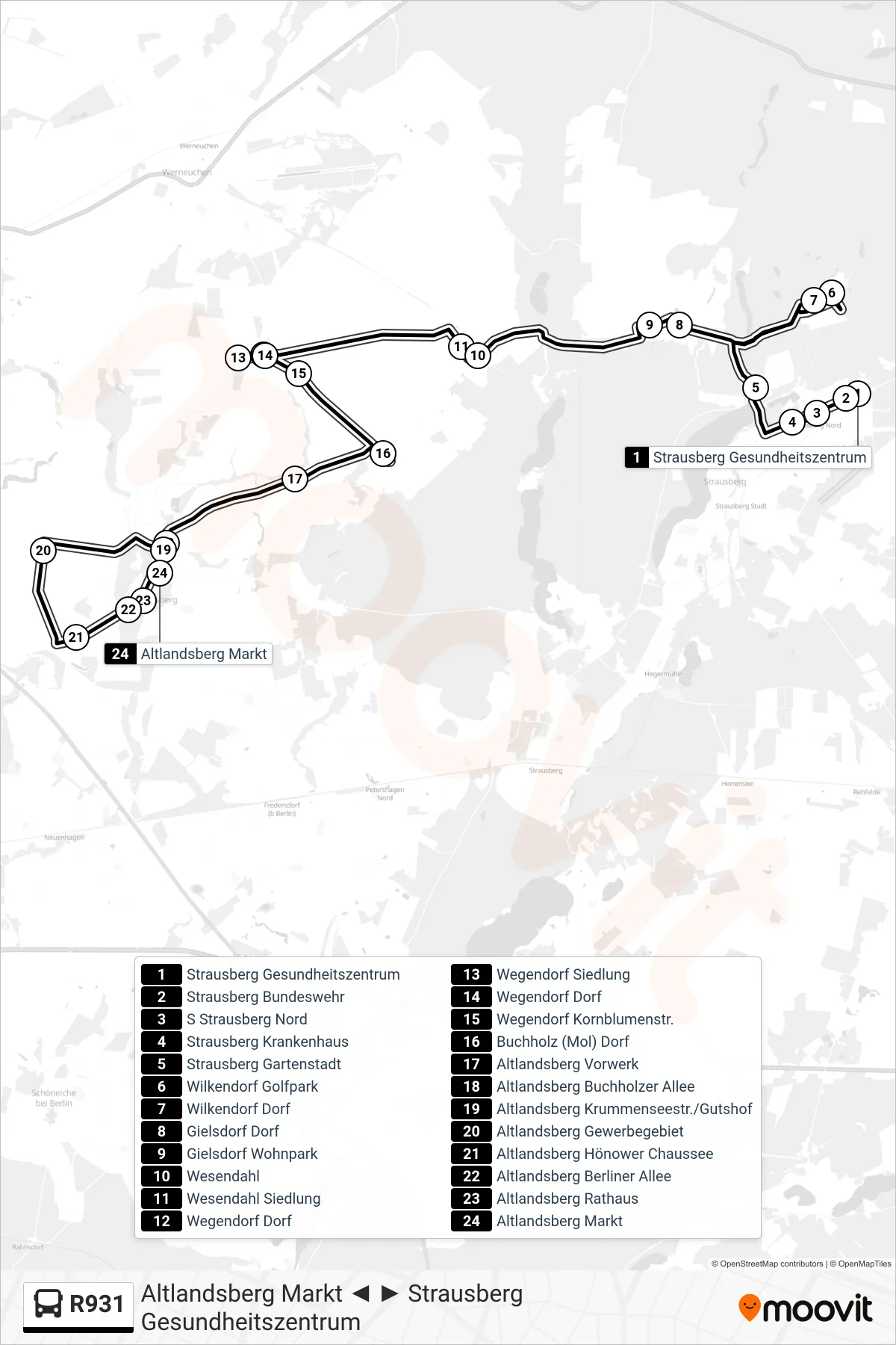 R931 bus Line (Altlandsberg Markt) route and stops on a map
