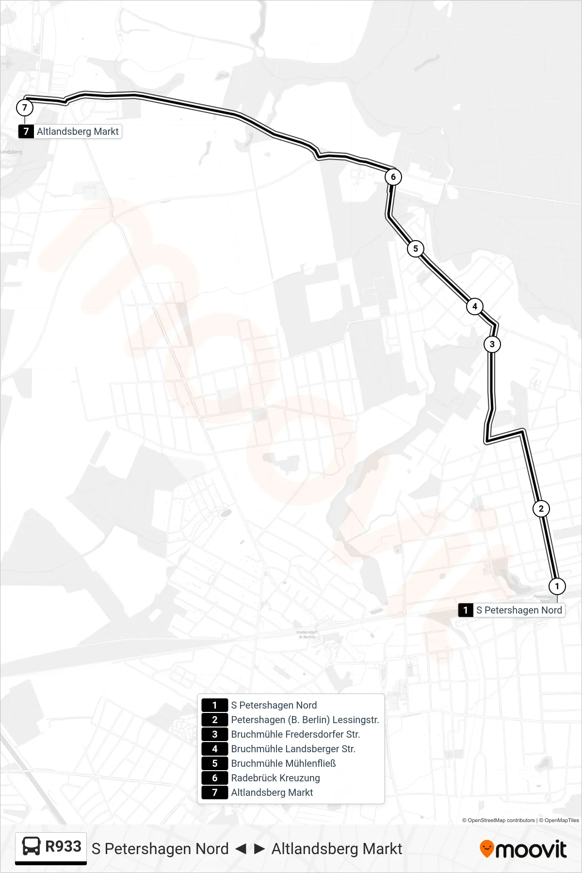 R933 bus Line (Altlandsberg Markt) route and stops on a map