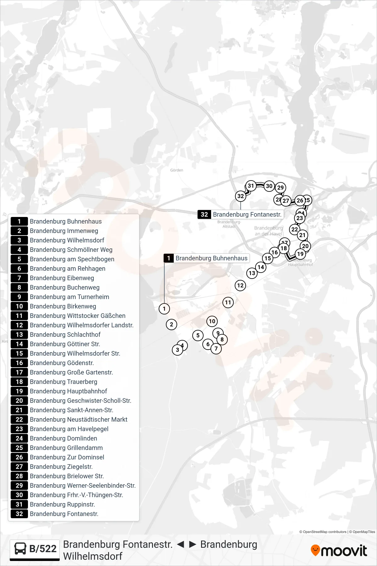 B/522 bus Line (Brandenburg Fontanestr.) route and stops on a map