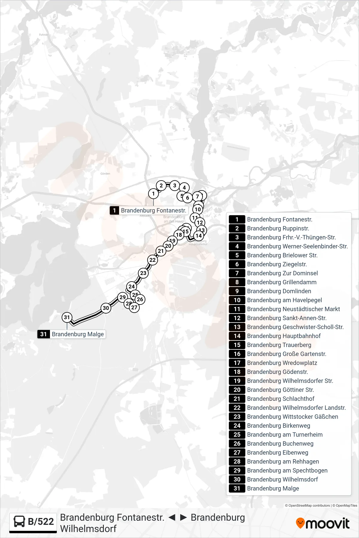B/522 bus Line (Brandenburg Malge) route and stops on a map