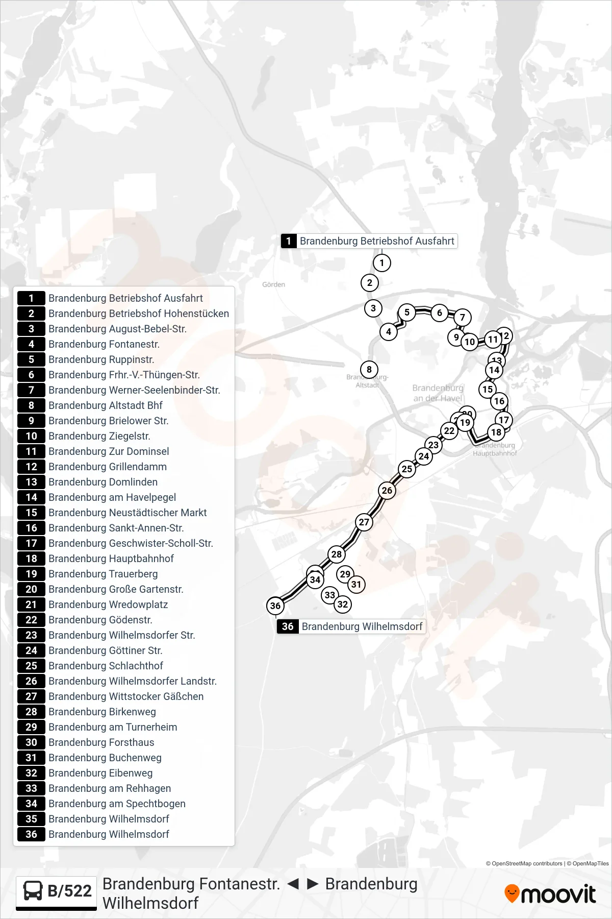 B/522 bus Line (Brandenburg Wilhelmsdorf) route and stops on a map