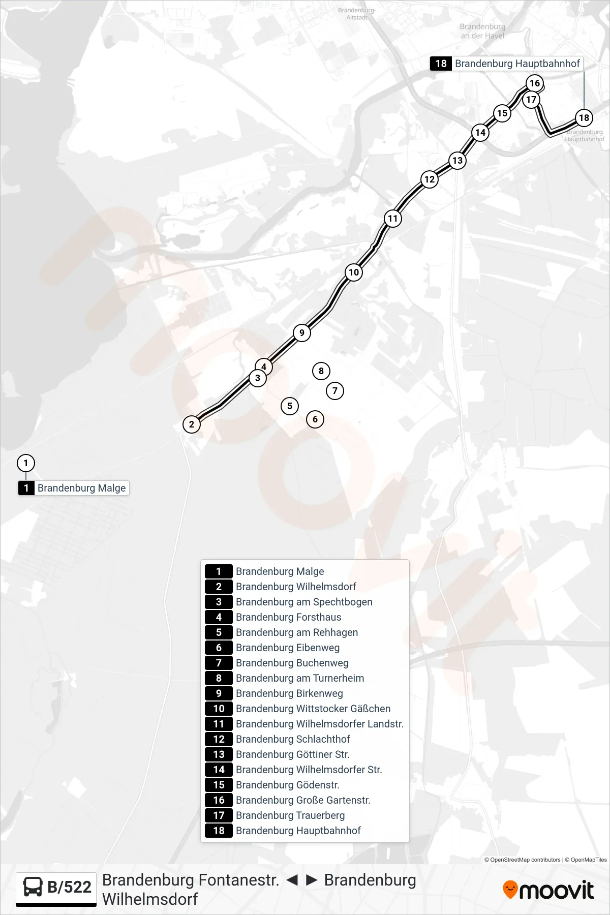 Linie B/522 (Bus) Richtung Brandenburg Hauptbahnhof: Route und Haltestellen auf der Karte