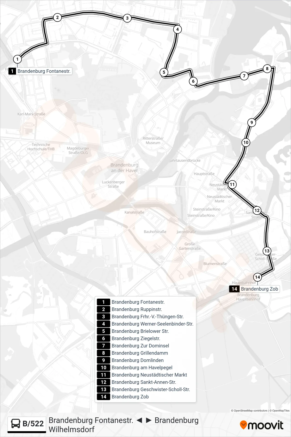 B/522 bus Line (Brandenburg Zob) route and stops on a map
