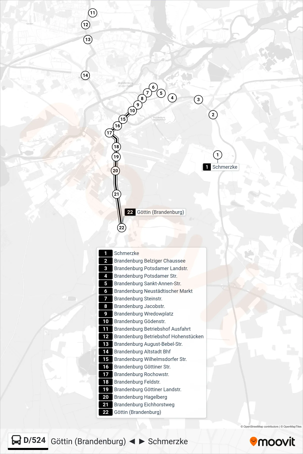 Linie D/524 (Bus) Richtung Göttin (Brandenburg): Route und Haltestellen auf der Karte