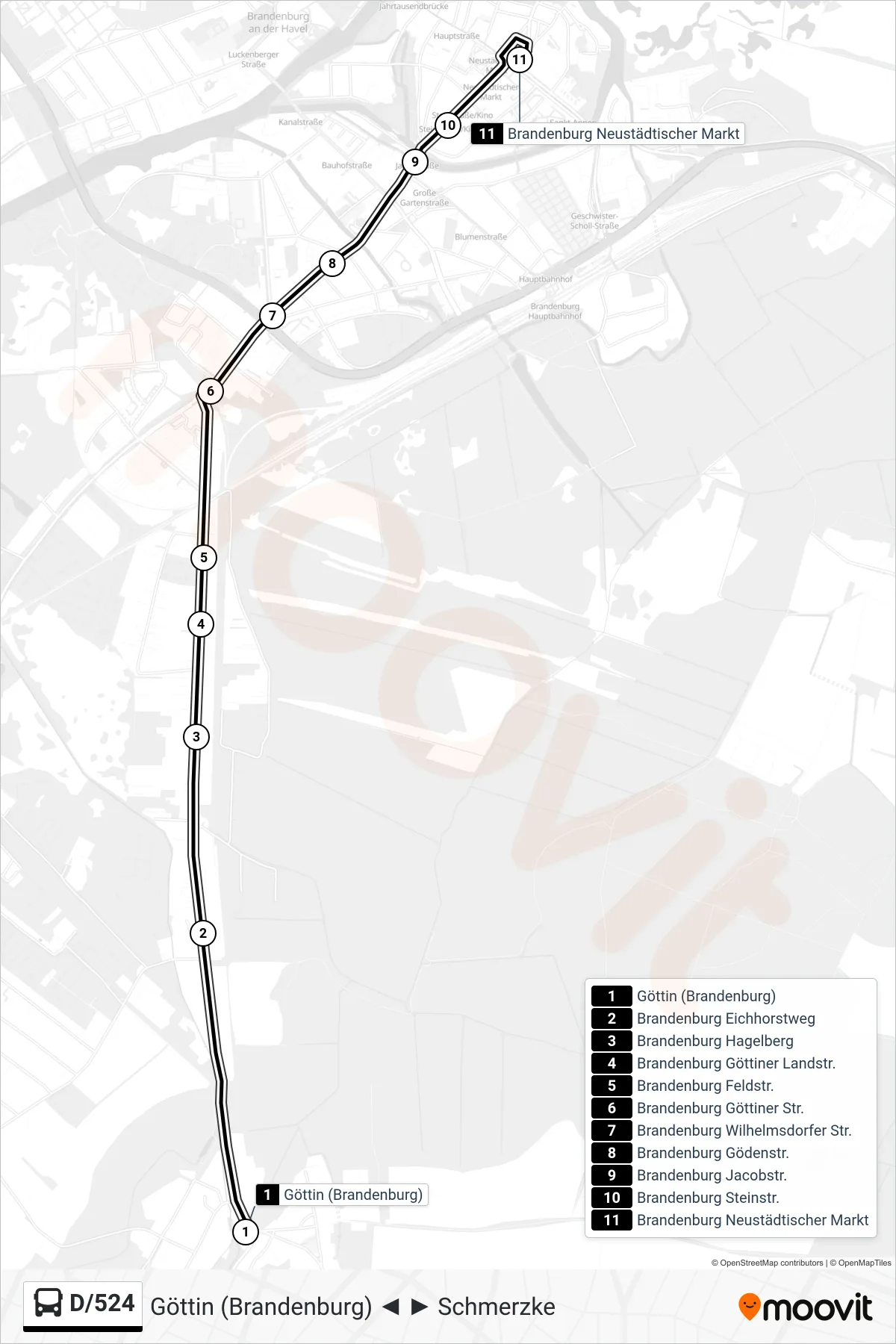 Linie D/524 (Bus) Richtung Brandenburg Neustädtischer Markt: Route und Haltestellen auf der Karte